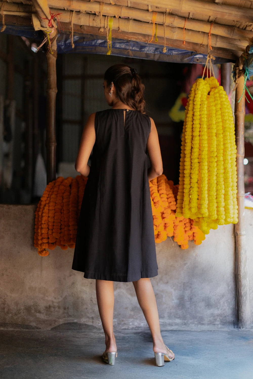 Back View of Noir Black South Cotton Dress with Shrug