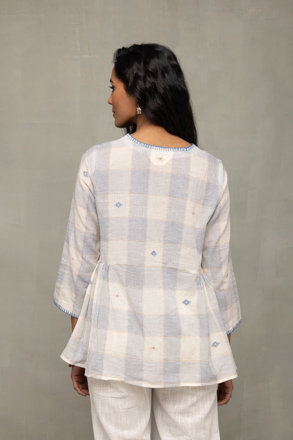 Back View of Off White Blue Check Jamdani Top with Zari Motifs