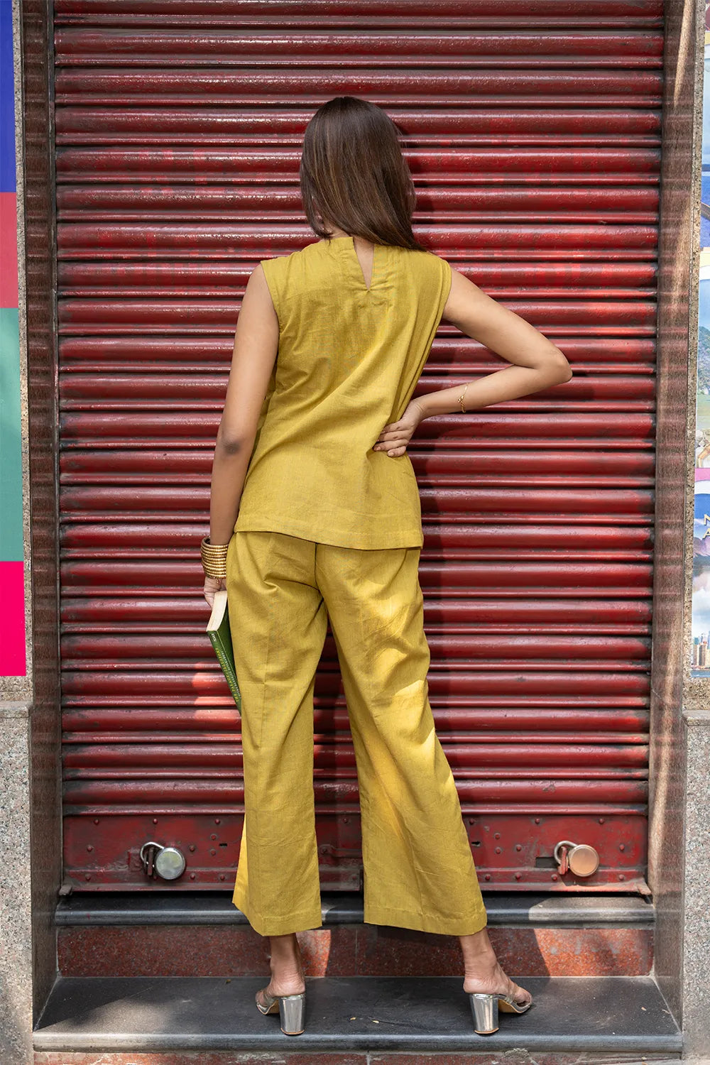 Back View of Olive Green Khadi Cotton Co-ord Set