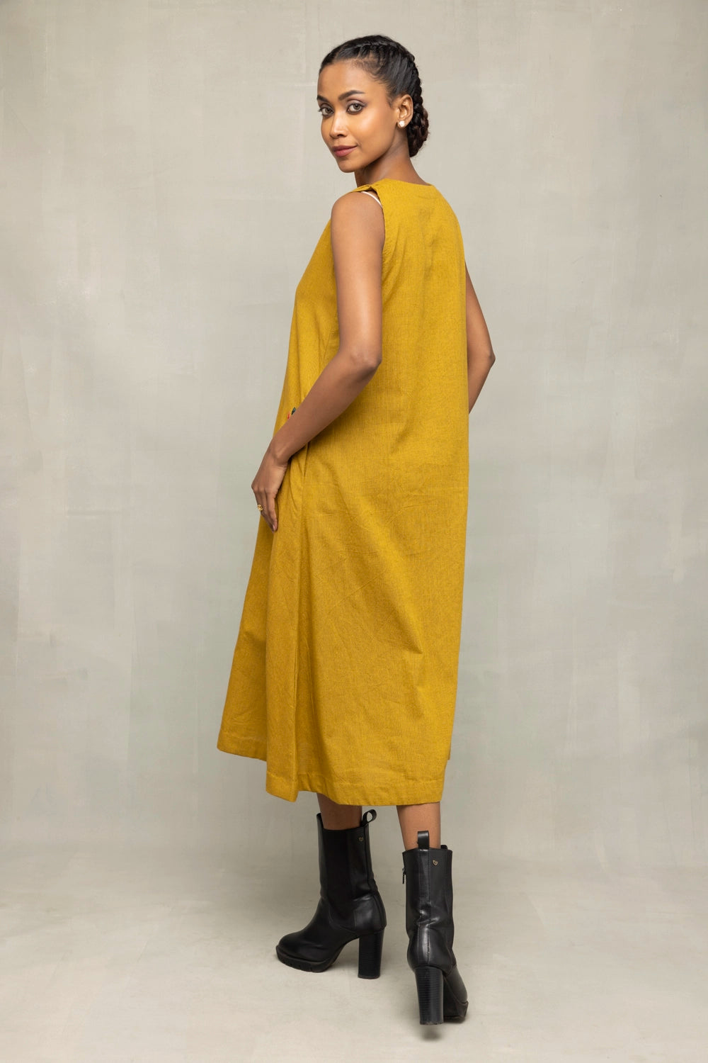 Back View of Olive Green Khadi Embroidered Dress
