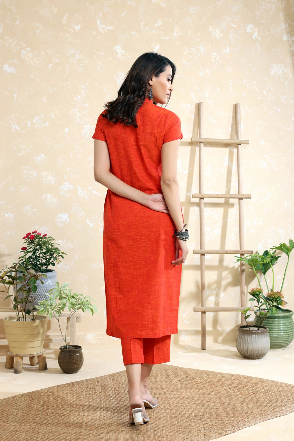 Back View of Orange Khadi Cotton Co-ord Set