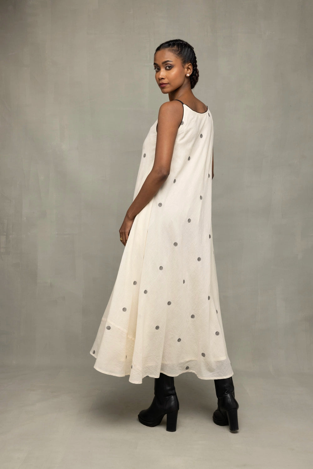 Back View of Pearl White Trapeze Jamdani Handwoven Dress
