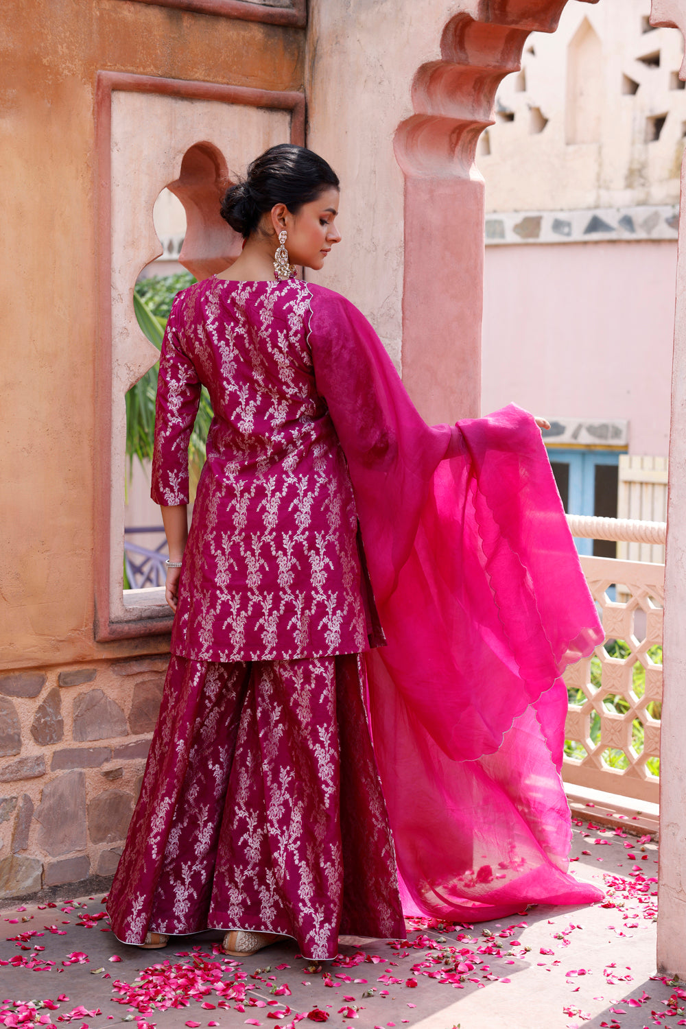 Back View of Purple Pure Silk Banarasi Sharara with Dupatta