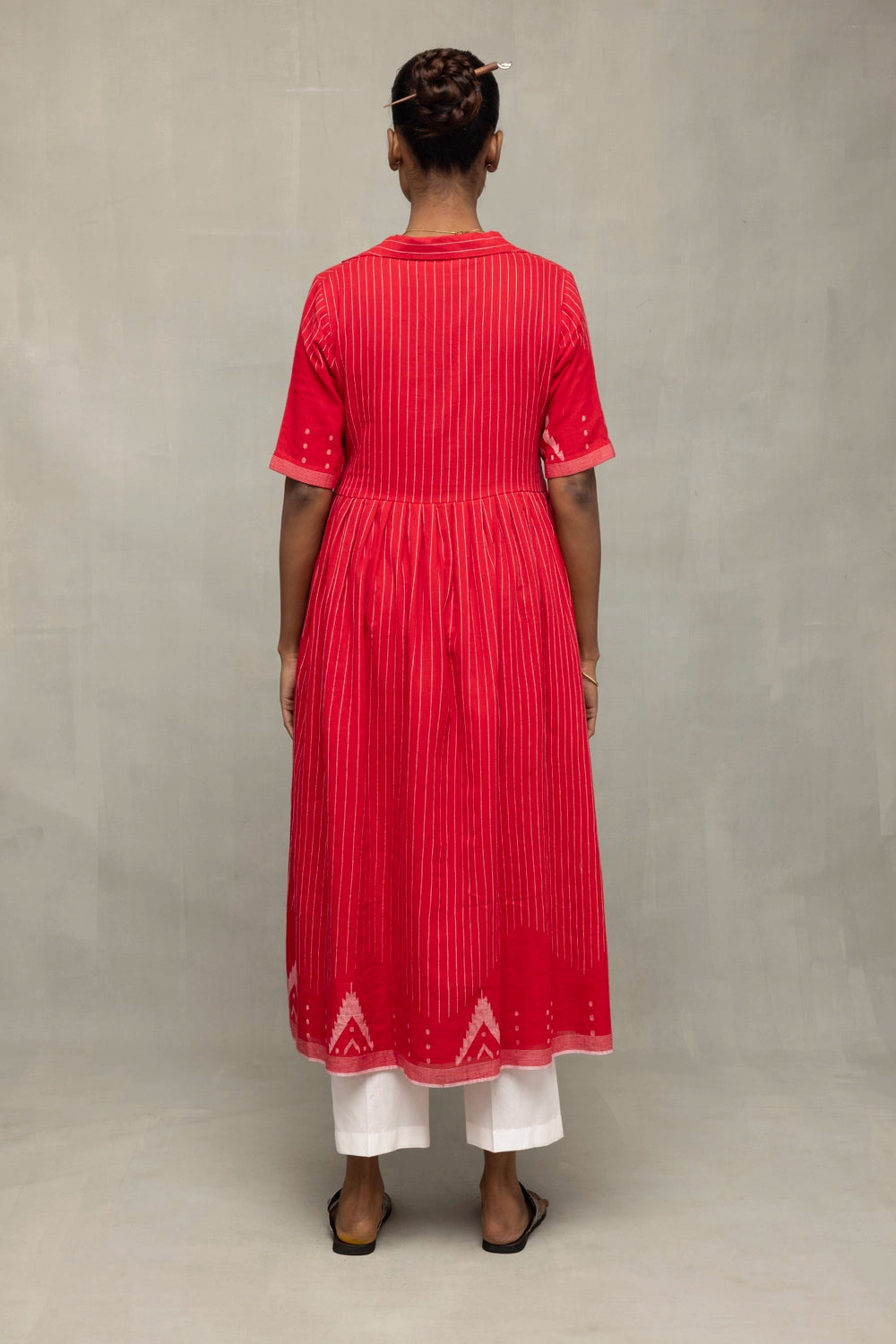 Back View of Red and White Temple Jamdani Pujo Kurta Set