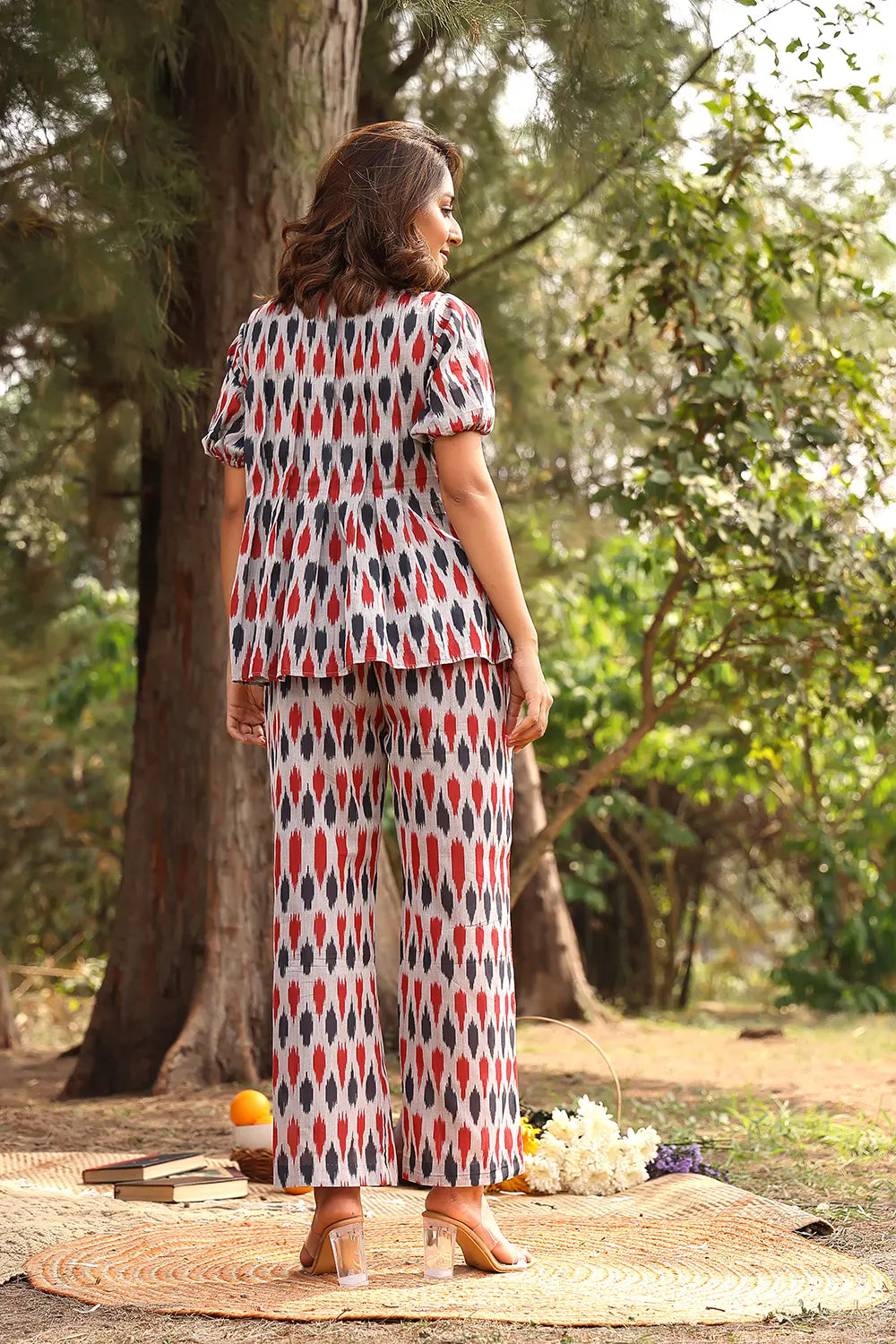 Back View of Red and Blue Pure Cotton Ikat Co-ord Set