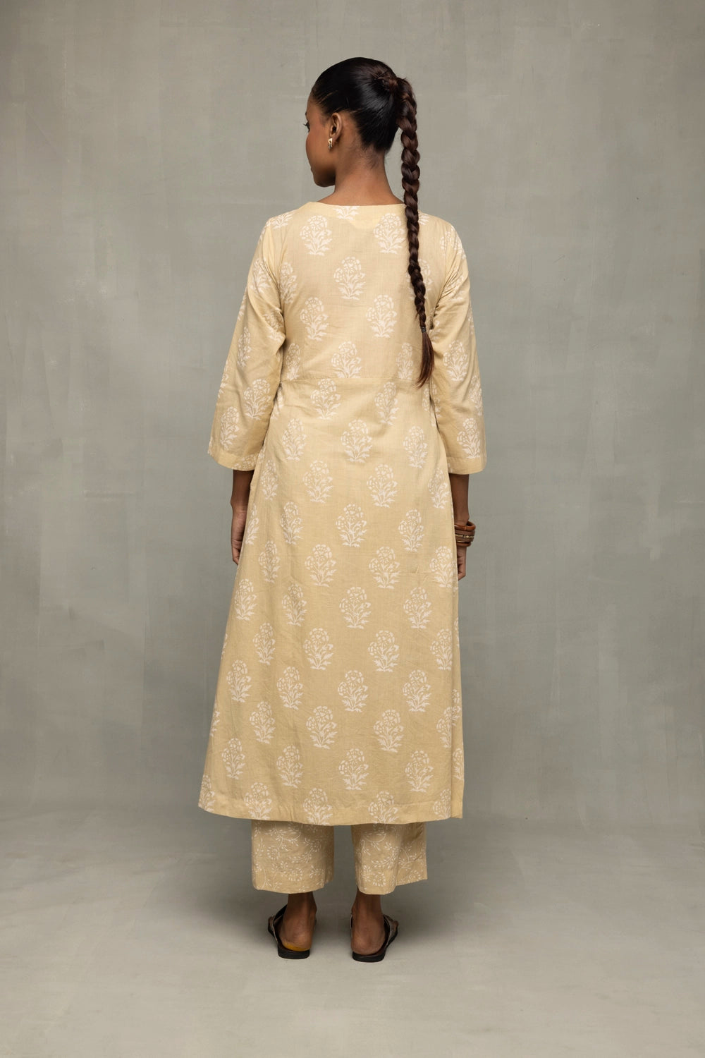 Back View of Sahara Gold Hand Block Printed Angrakha Kurta Set with Dupatta