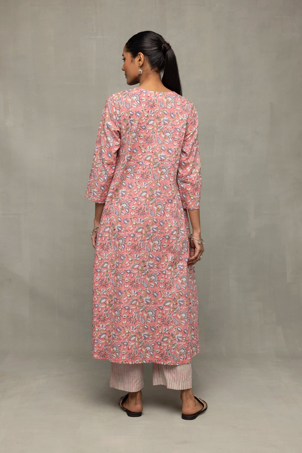 Back View of Salmon and Frost Block Printed Kurta Set with Dupatta
