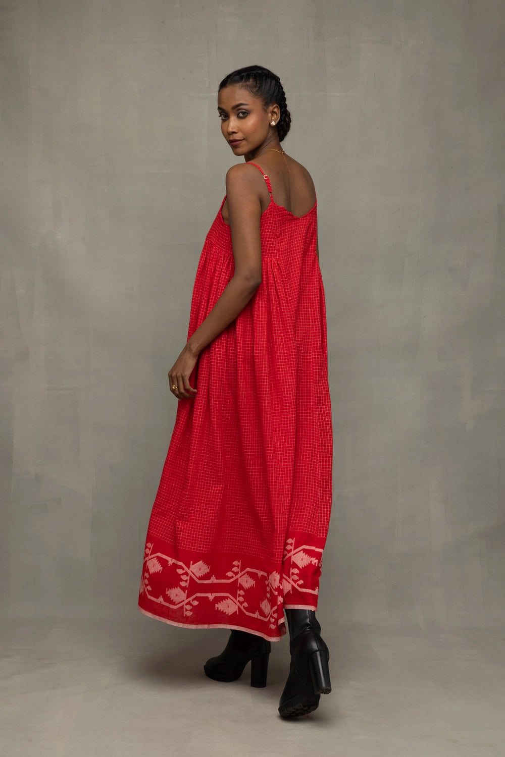 Back View of Scarlet Red Handwoven Pure Cotton Jamdani Dress