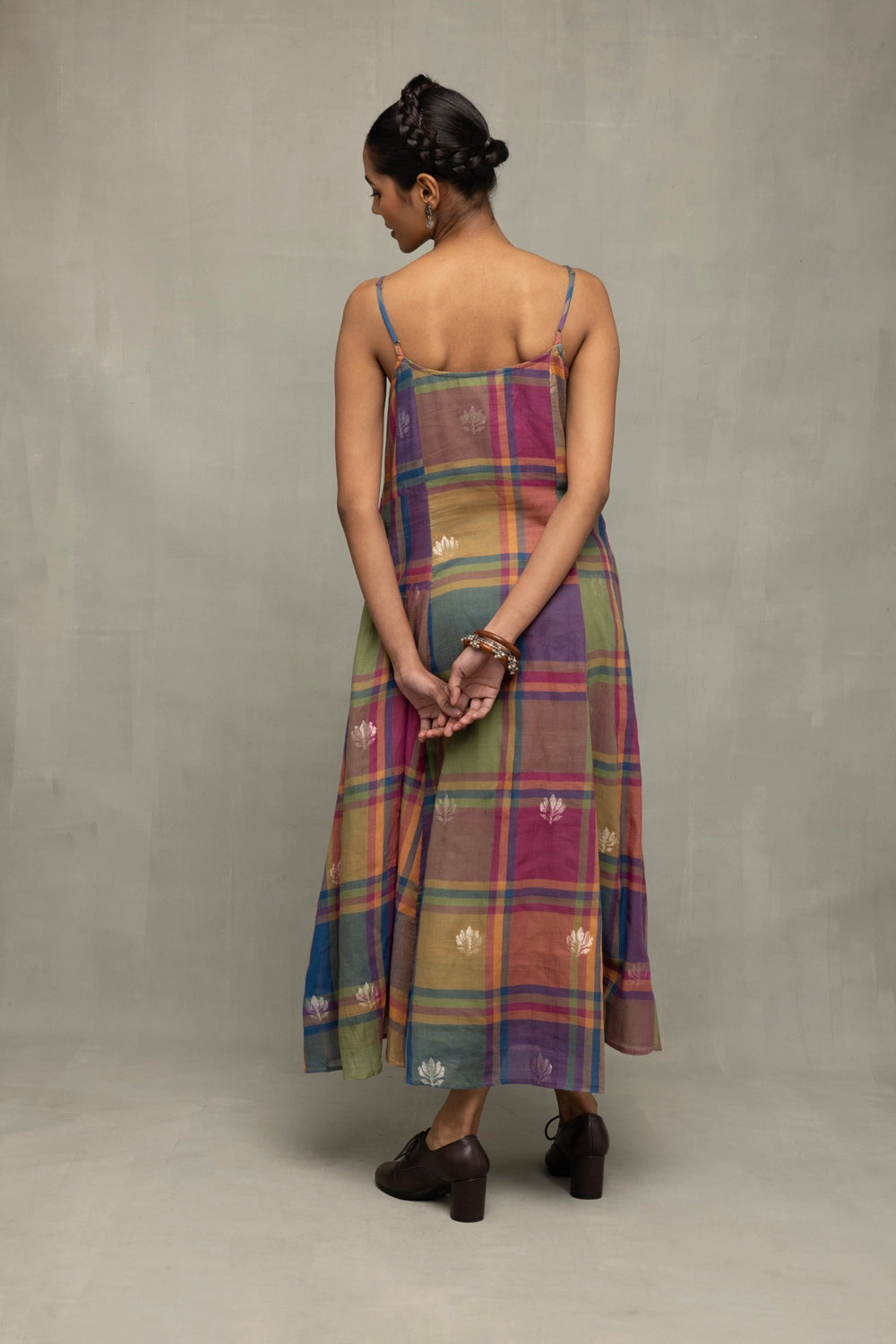 Back View of Sleeveless Jamdani Dress with A Line Fit
