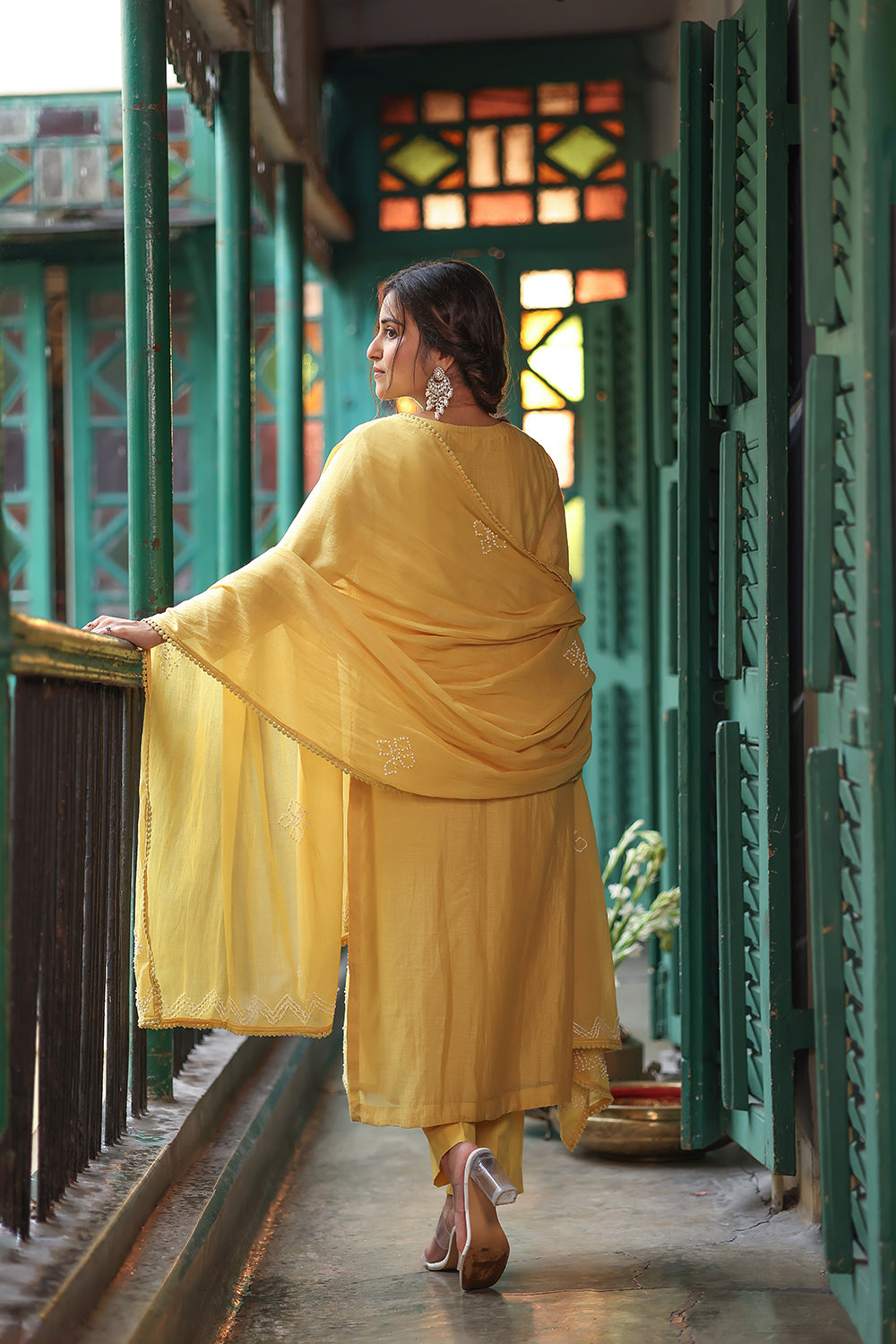 Back View of Soft Yellow Mul Chanderi Hand Knotted Bandhani Kurta Set with Dupatta