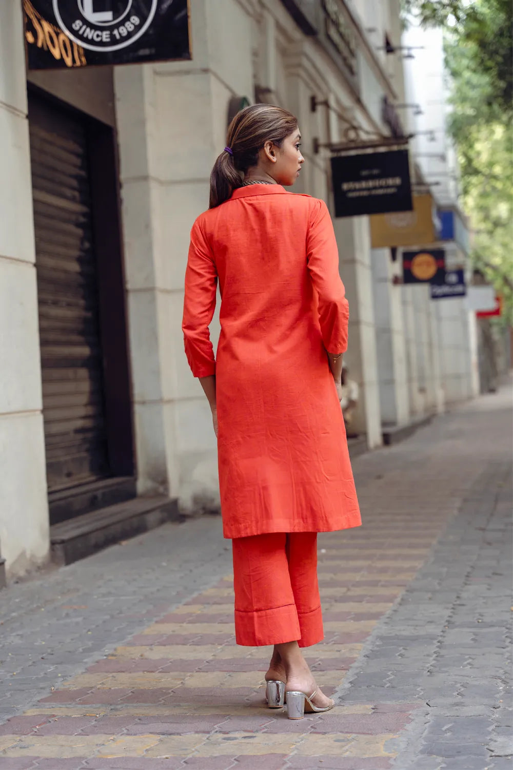 Back View of Tangerine Orange Pure Cotton Co-ord Set