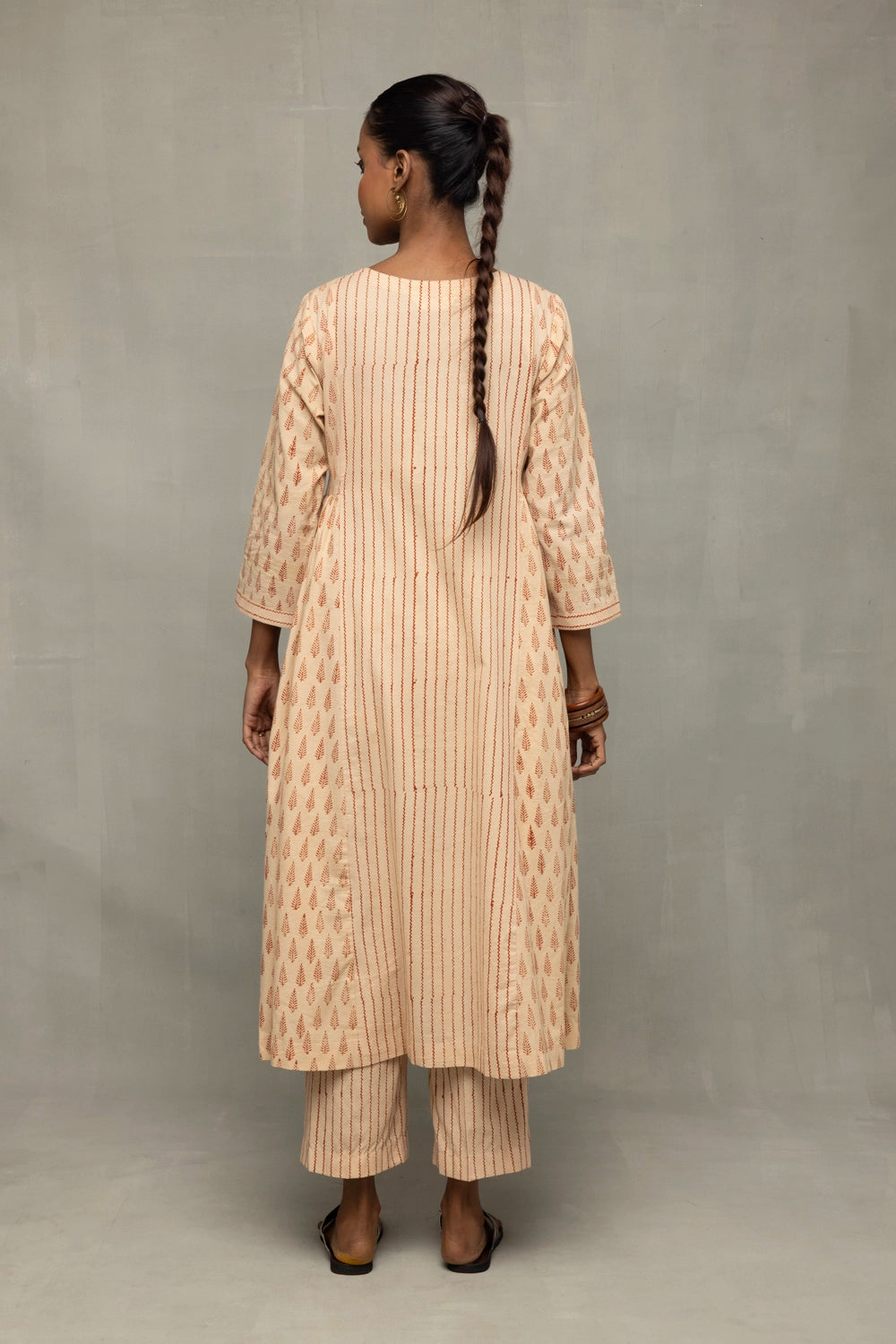 Back View of Terracotta and Cream Block Printed Kurta Set with Dupatta