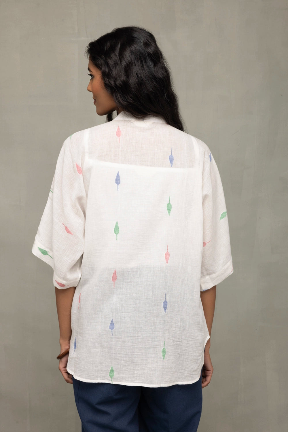 Back View of White Leaf Cotton Jamdani Shirt