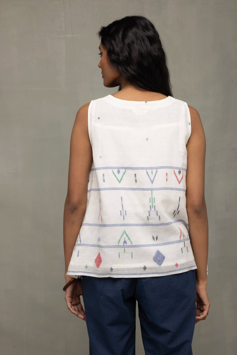 Back View of White Mist Cotton Jamdani Top