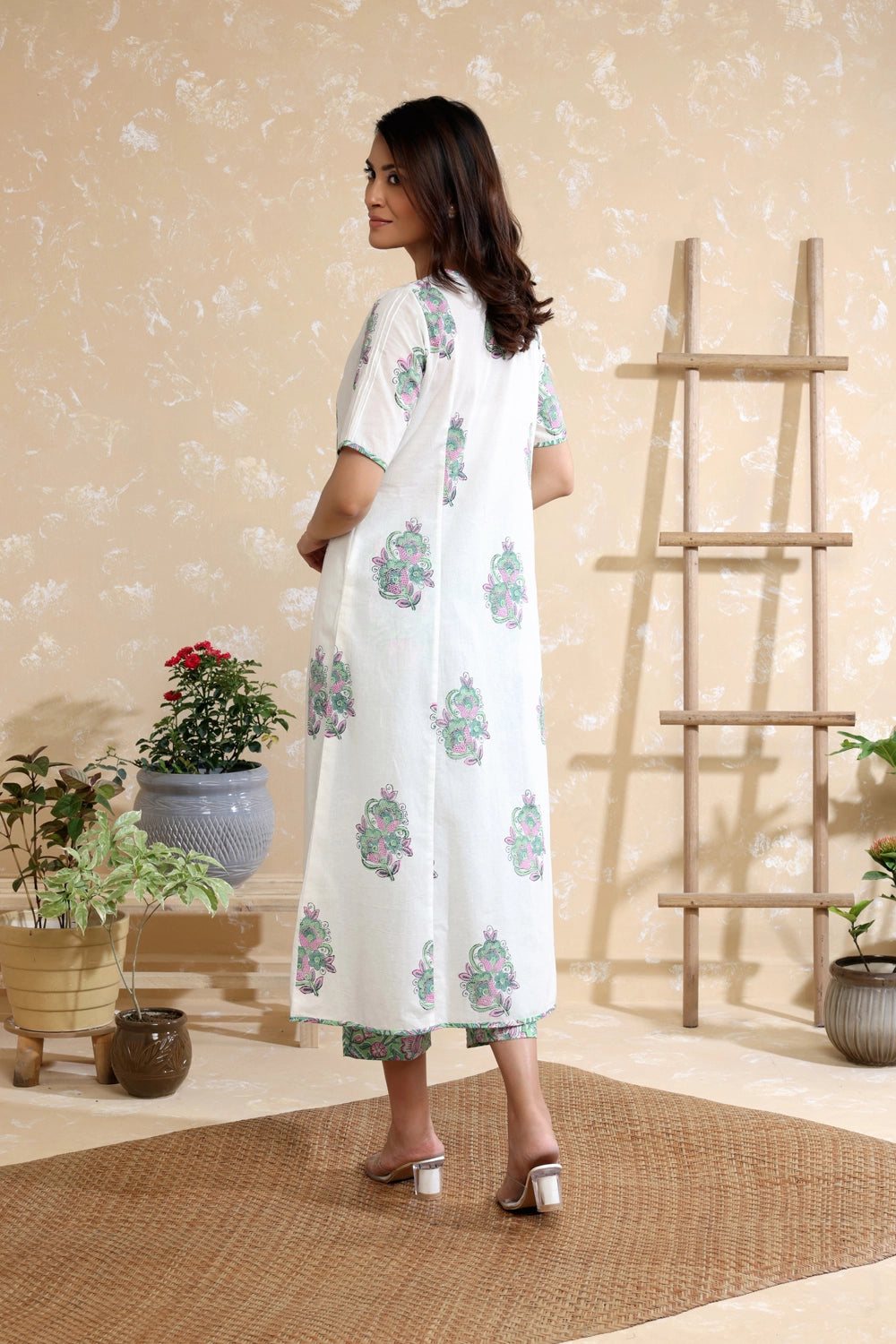 Back View of White Pure Cotton Green Block Print Kurta Set