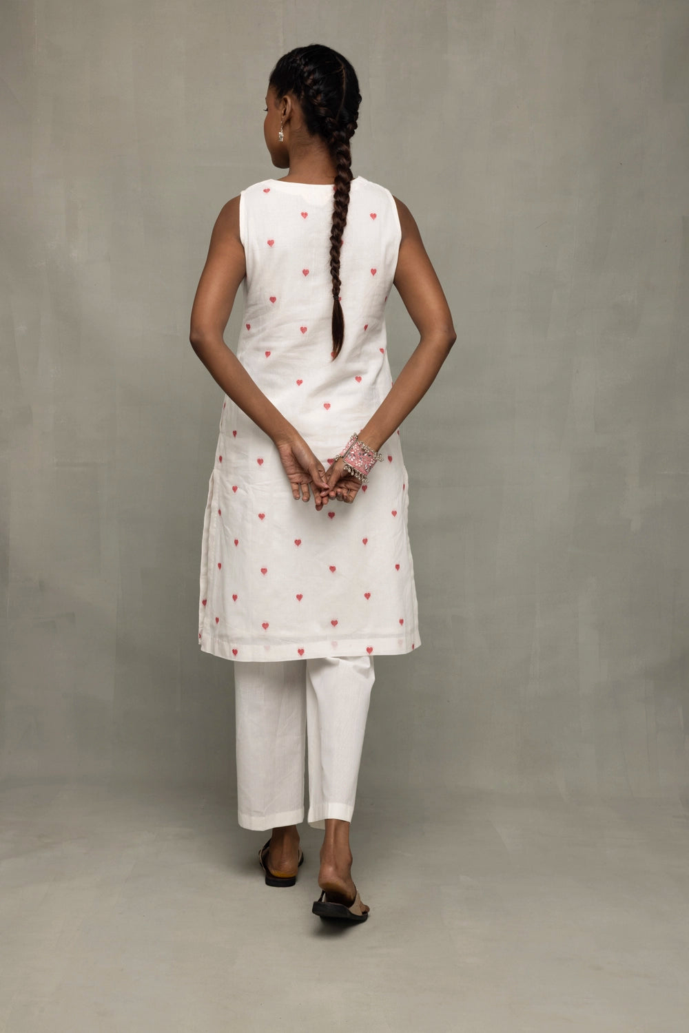 Back View of White Red Hearts South Cotton Kurta Set with Dupatta