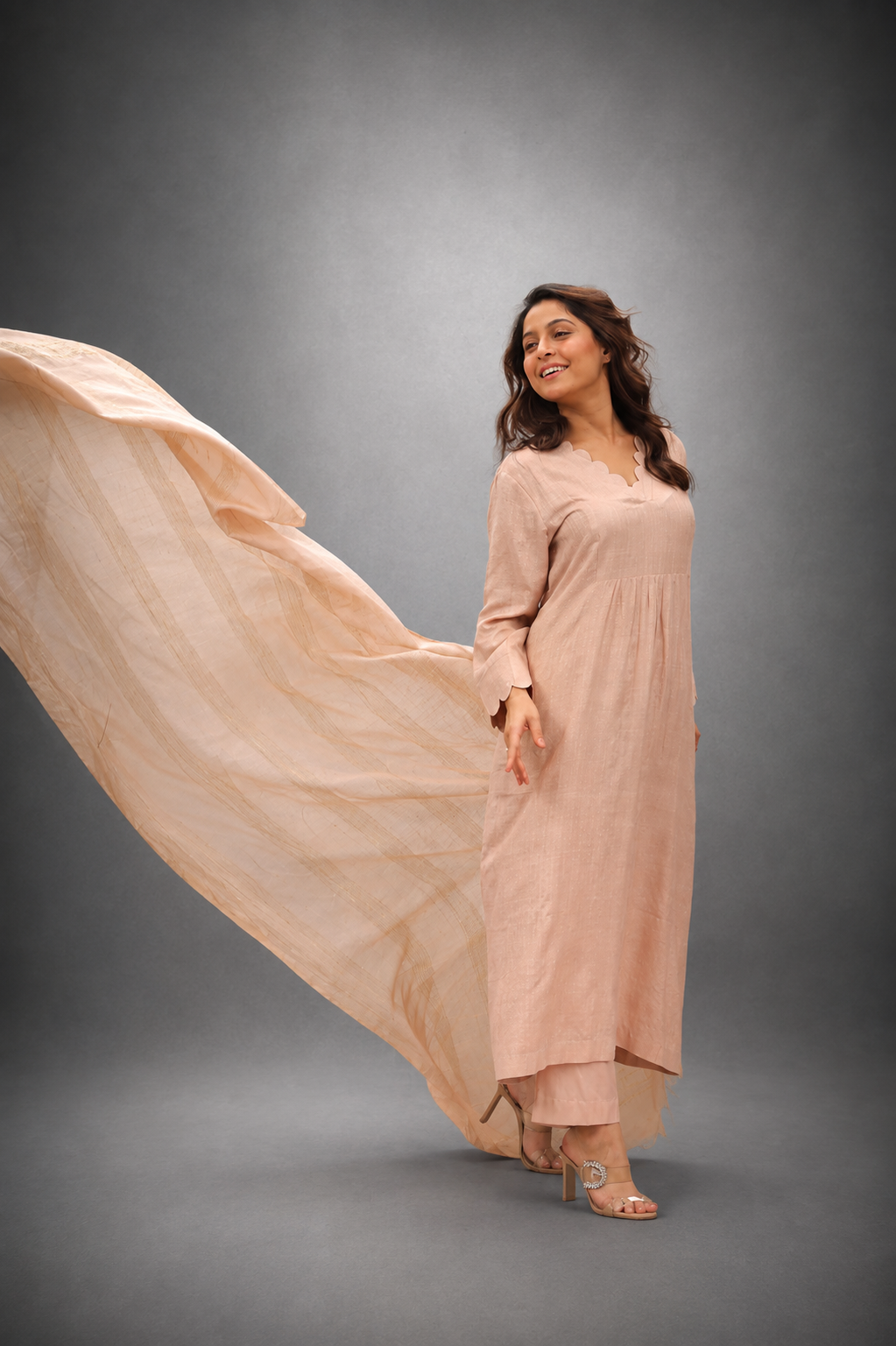Beige cotton silk woven kurta set with dupatta detailed view