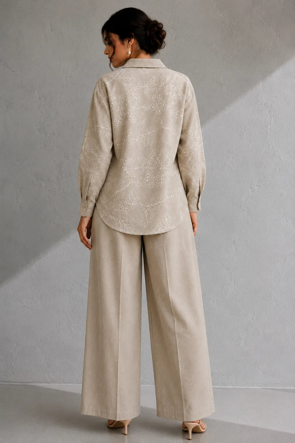 Back View of Beige Essence Embroidered Linen Co-Ord Set