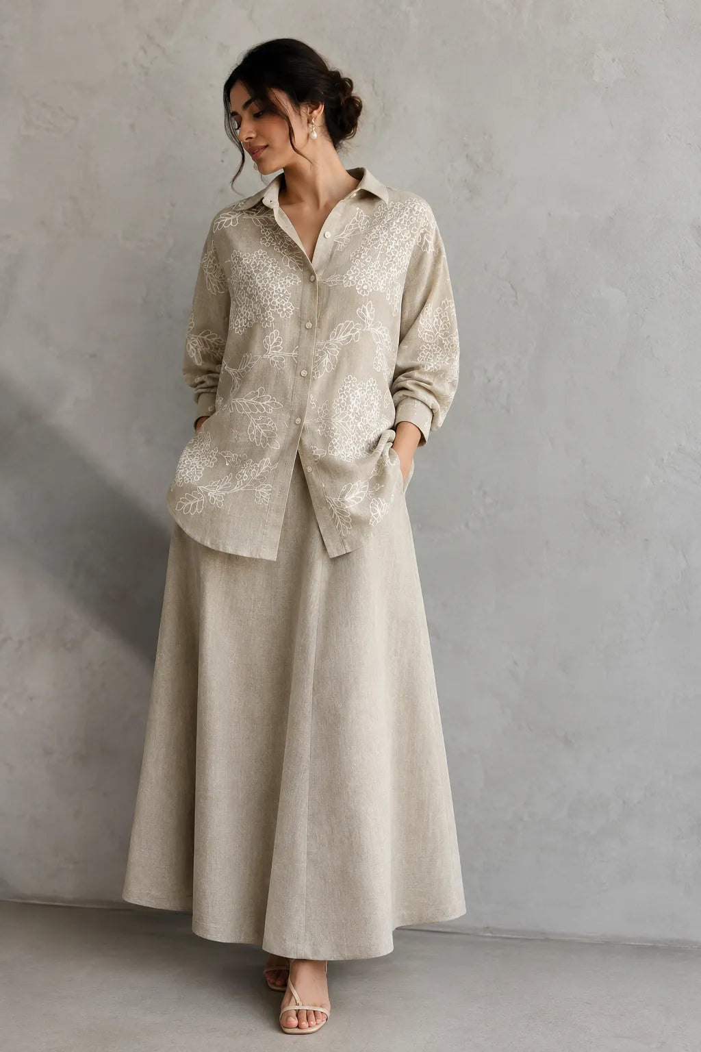 Beige Essence Embroidered Linen Skord
