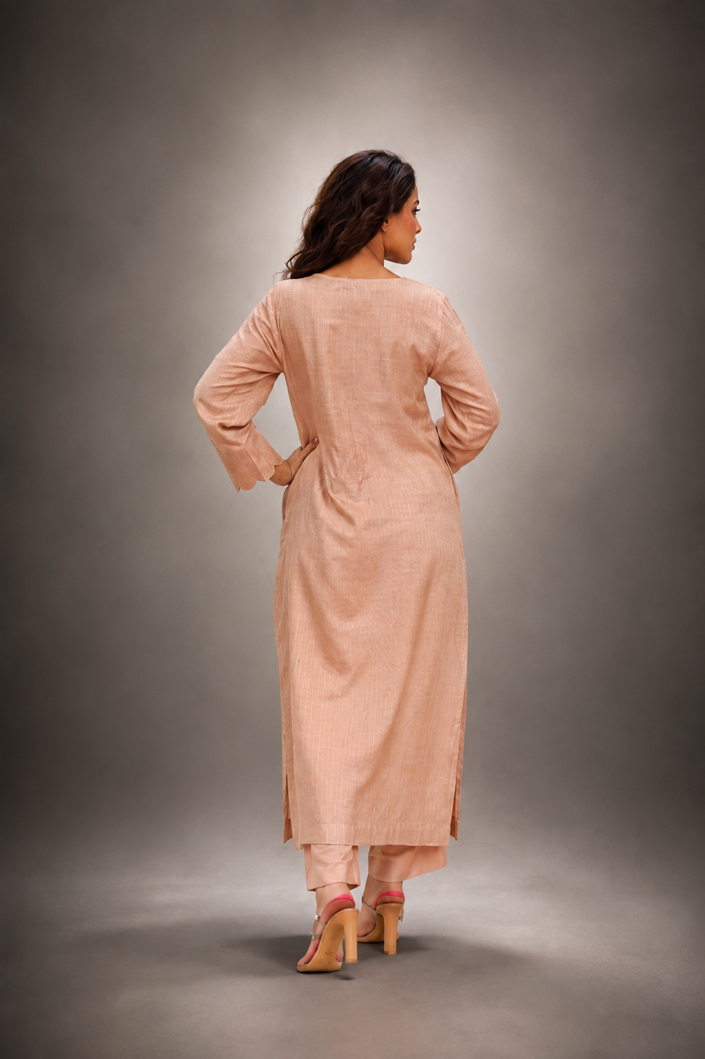 Beige soft cotton silk woven kurta set with dupatta back view