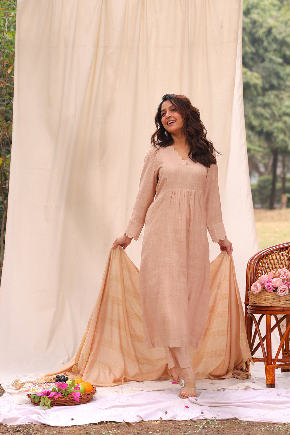 Beige Soft Cotton Silk Woven Kurta Set with Dupatta