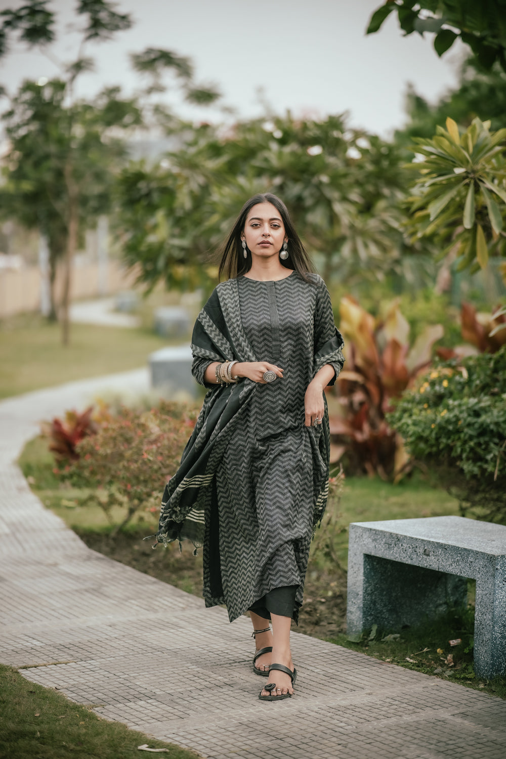 Black Cotton Silk Woven Kurta Set with Dupatta