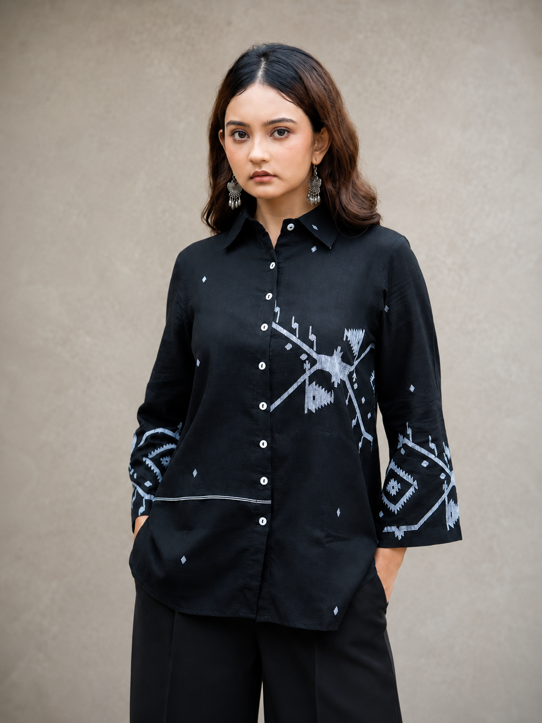 Black Eclipse Jamdani cotton shirt handwoven fabric detail