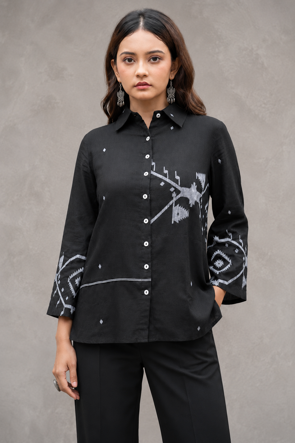 Black Eclipse Jamdani cotton shirt front view