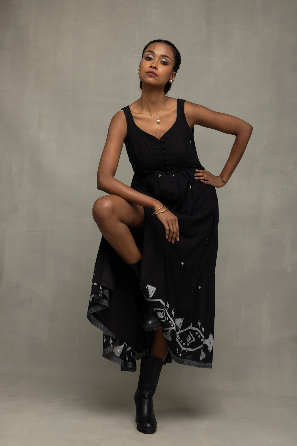 Black Handwoven Jamdani Tiered Midi Dress for Office Wear