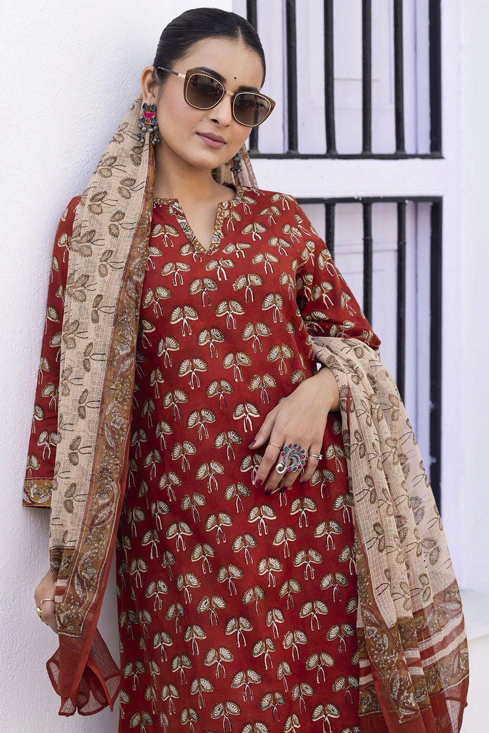 Maroon Hand Block Print Kurta Set With Dupatta