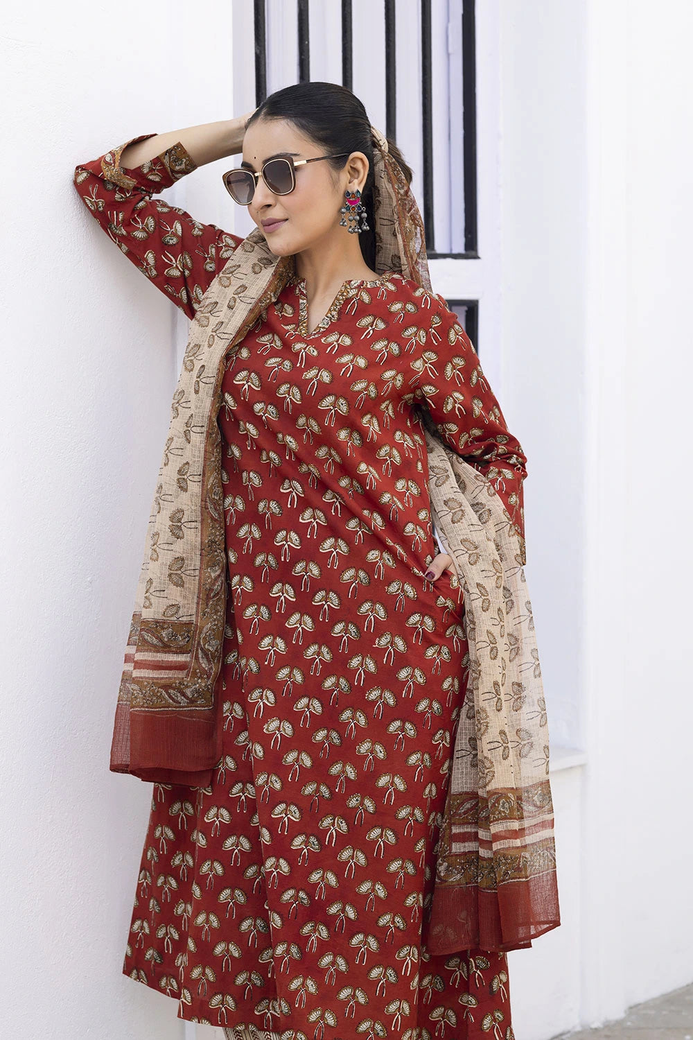 Maroon Hand Block Print Kurta Set With Dupatta