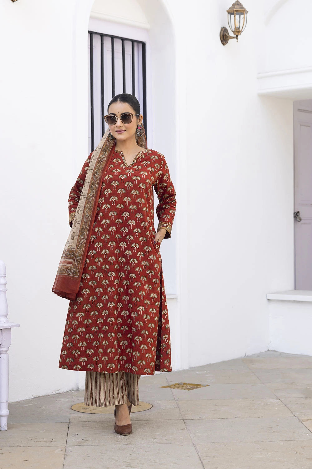 Maroon Hand Block Print Suit Set With Dupatta