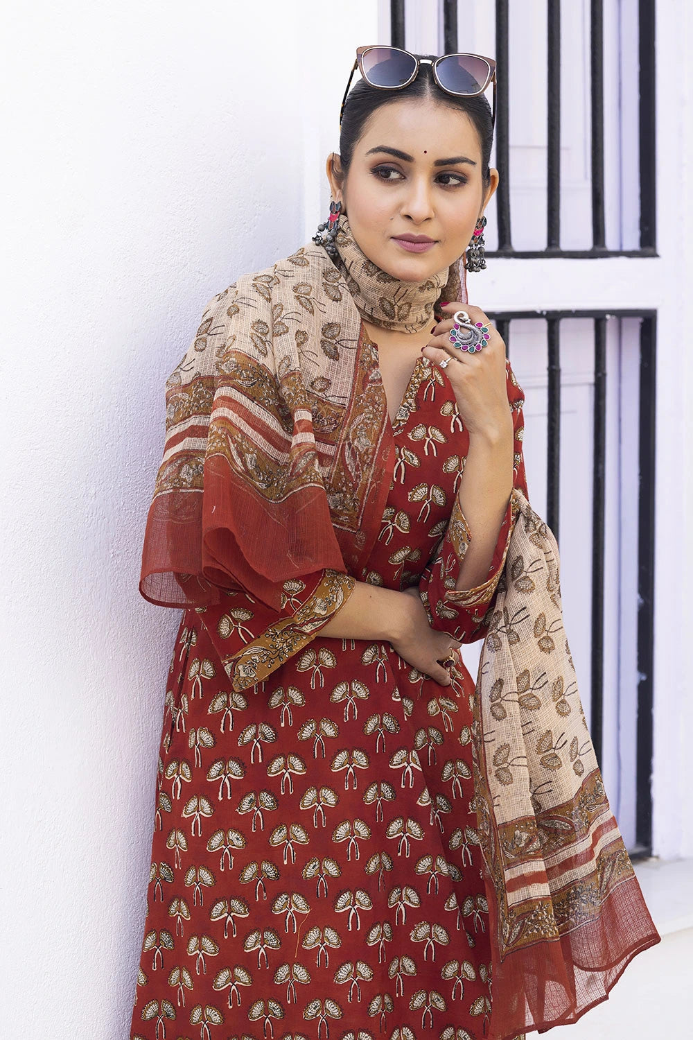 Maroon Hand Block Print Kurta Set With Dupatta