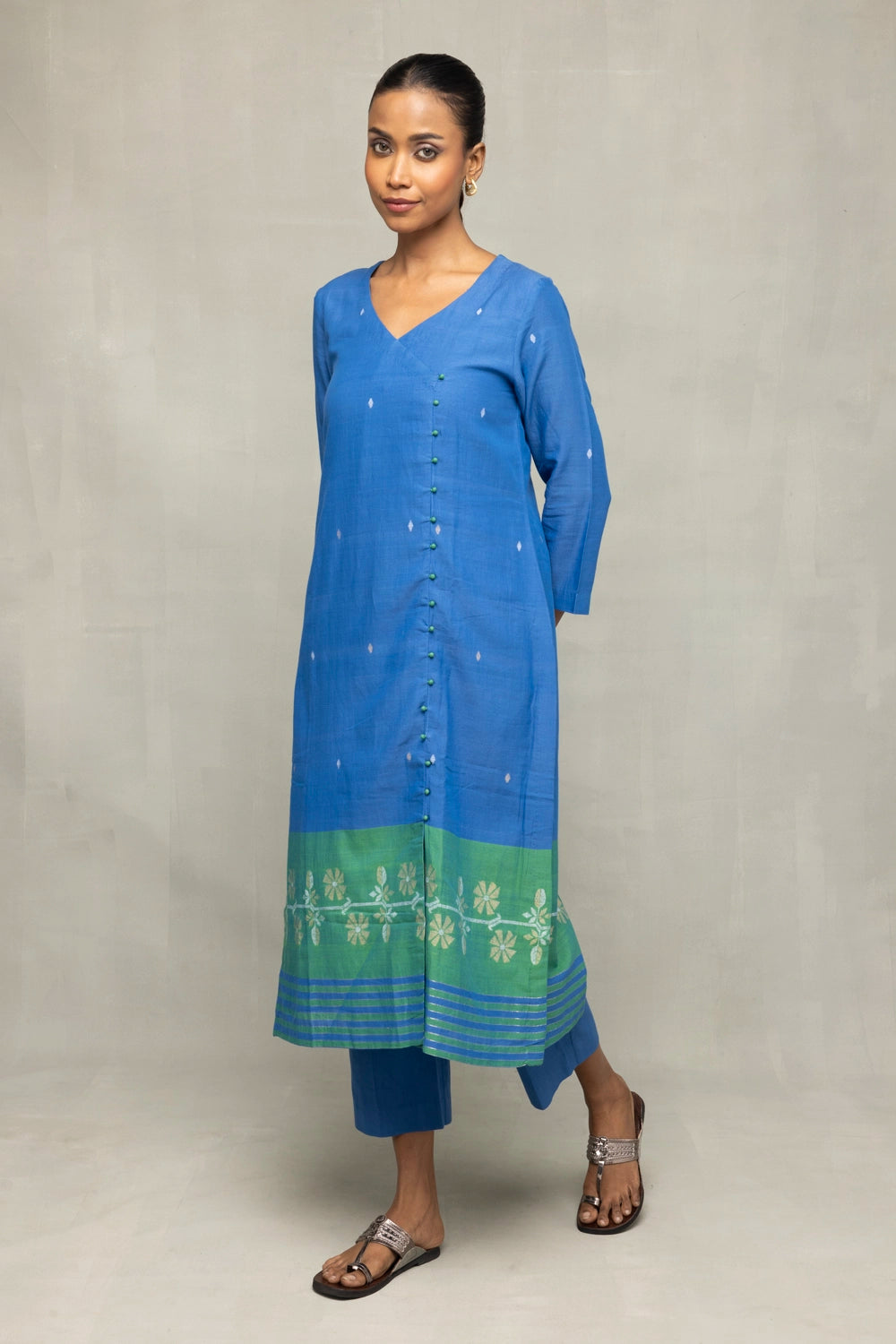 Blue and Green Jamdani Straight Fit Kurta Set with Dupatta for Wedding Wear