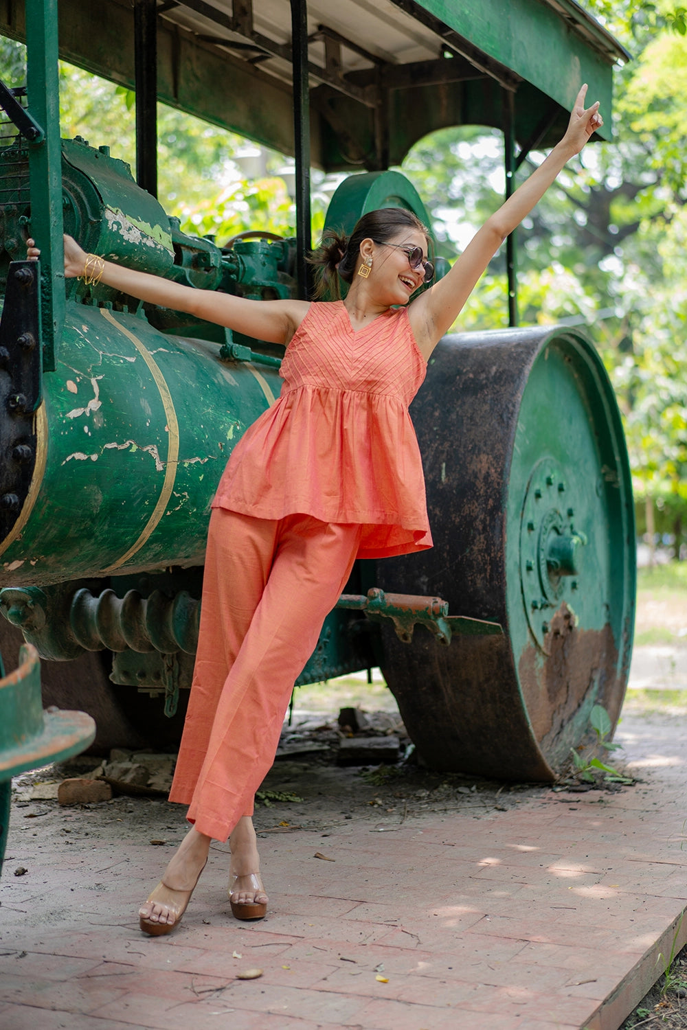 Bright Orange Pink Malai Cotton Co-ord Set for Weekend Wear