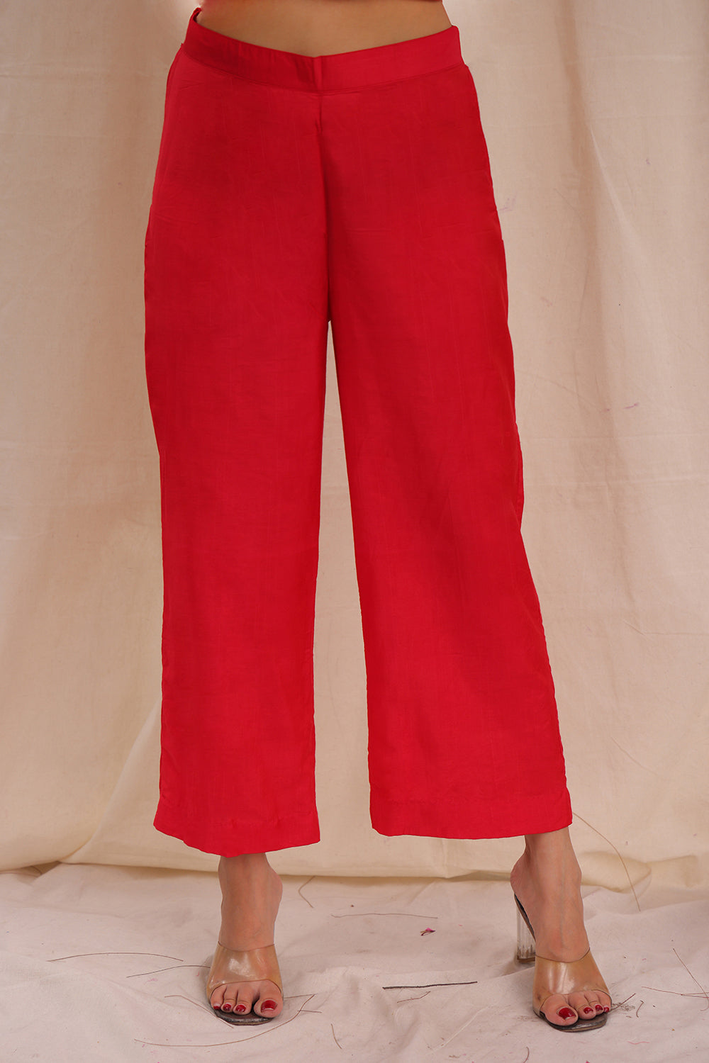 Bright Red Cotton Silk Woven Straight Fit pants

