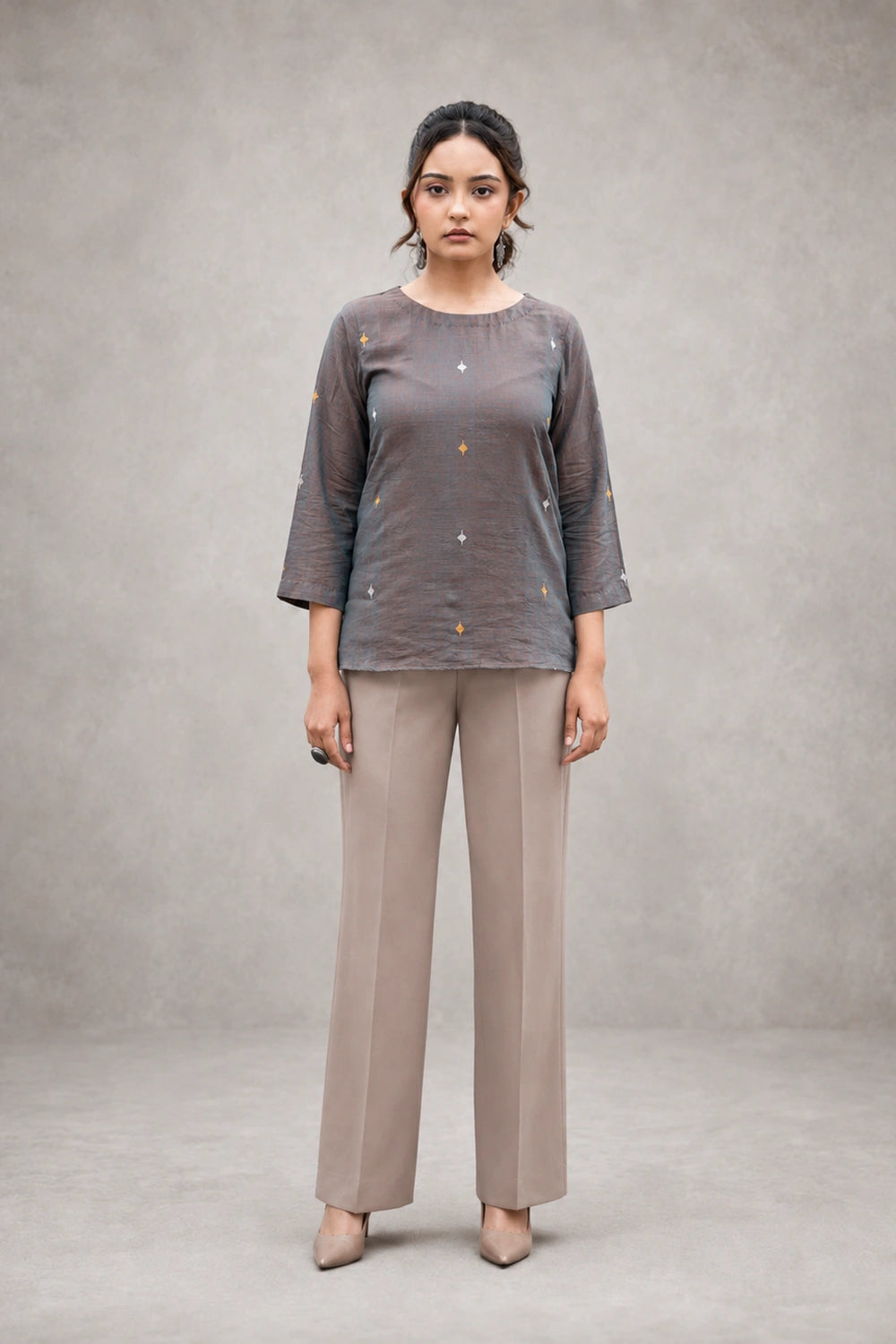 Brown duo tone Jamdani handwoven top back view