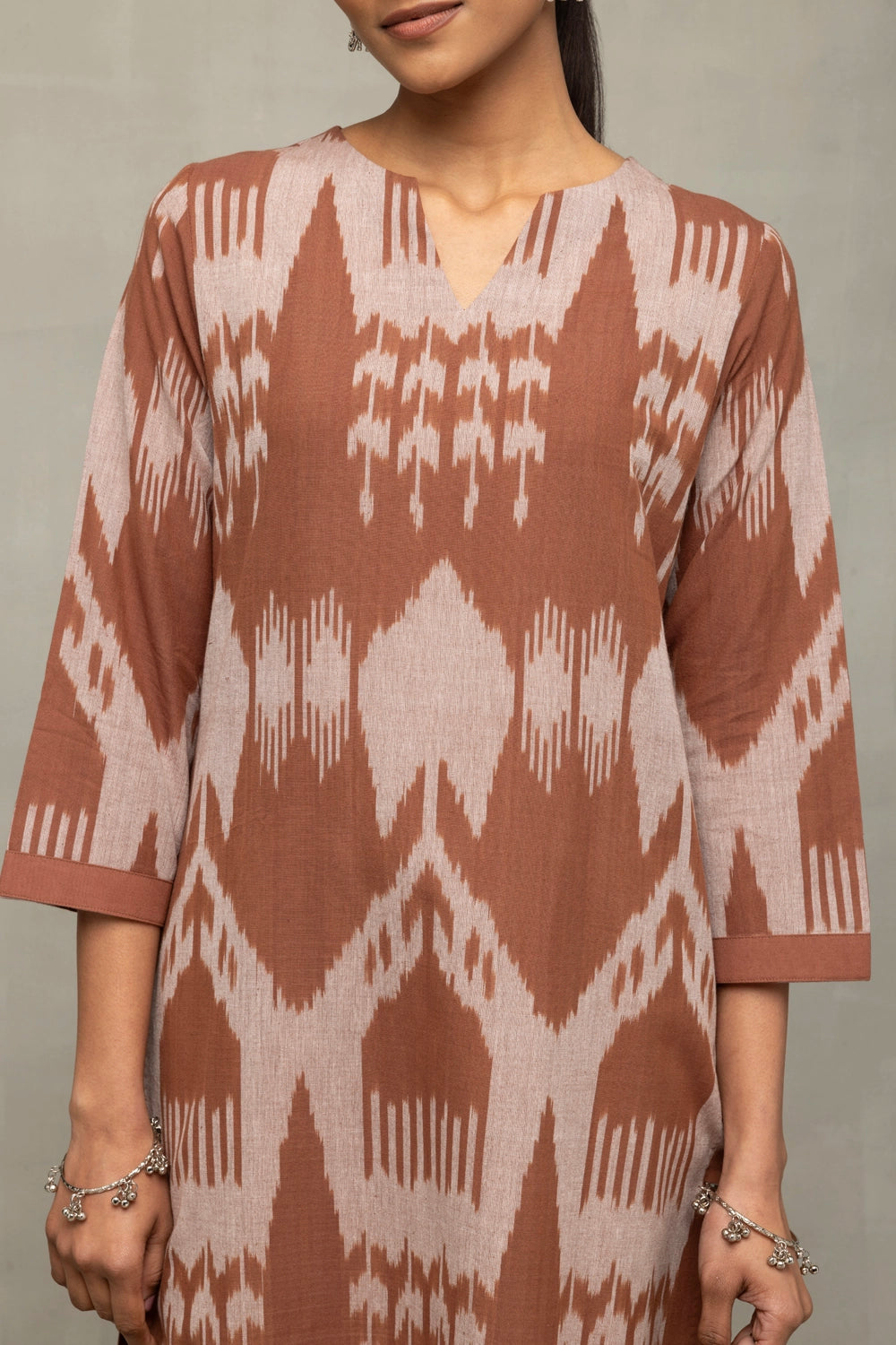 Close Up of Abstract Ikkat Weave Pattern on Chocolate Brown Handloom Co-ord Set