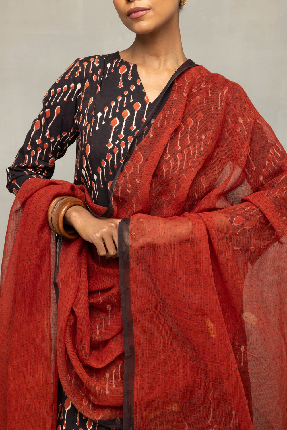 Close Up of Bagru Hand Block Print Pattern on Ebony Crimson Kurta