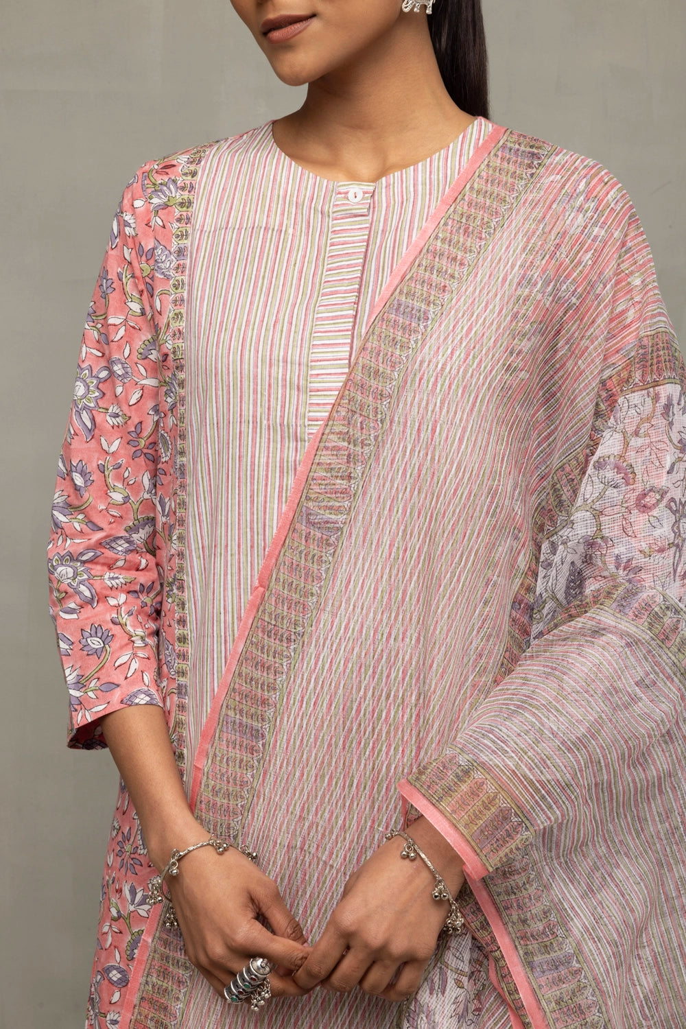 Close Up of Block Print Pattern on Salmon and Frost Cotton Kurta