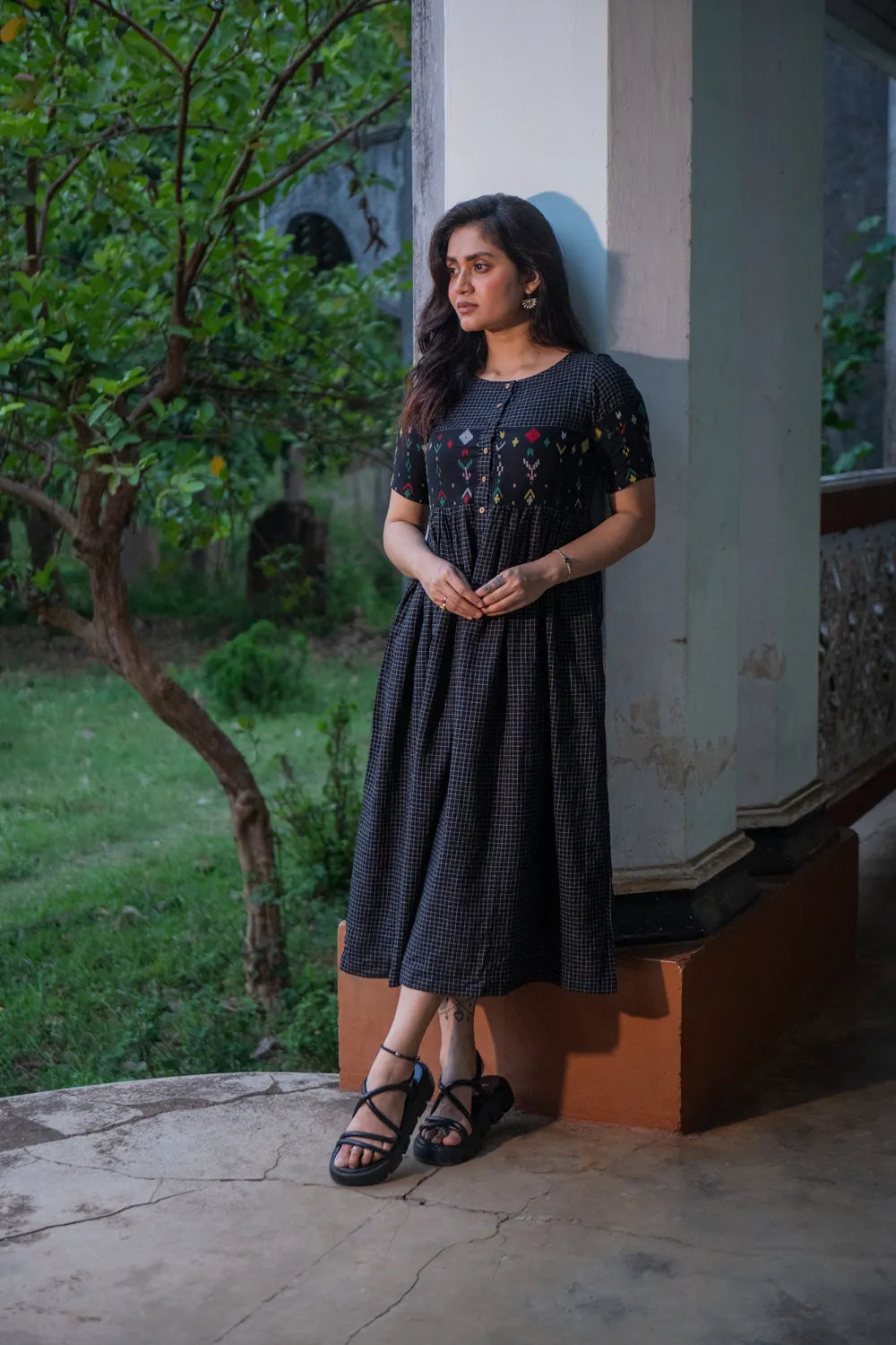 Close Up of Checkmate Jamdani Weave on Handwoven Cotton Dress