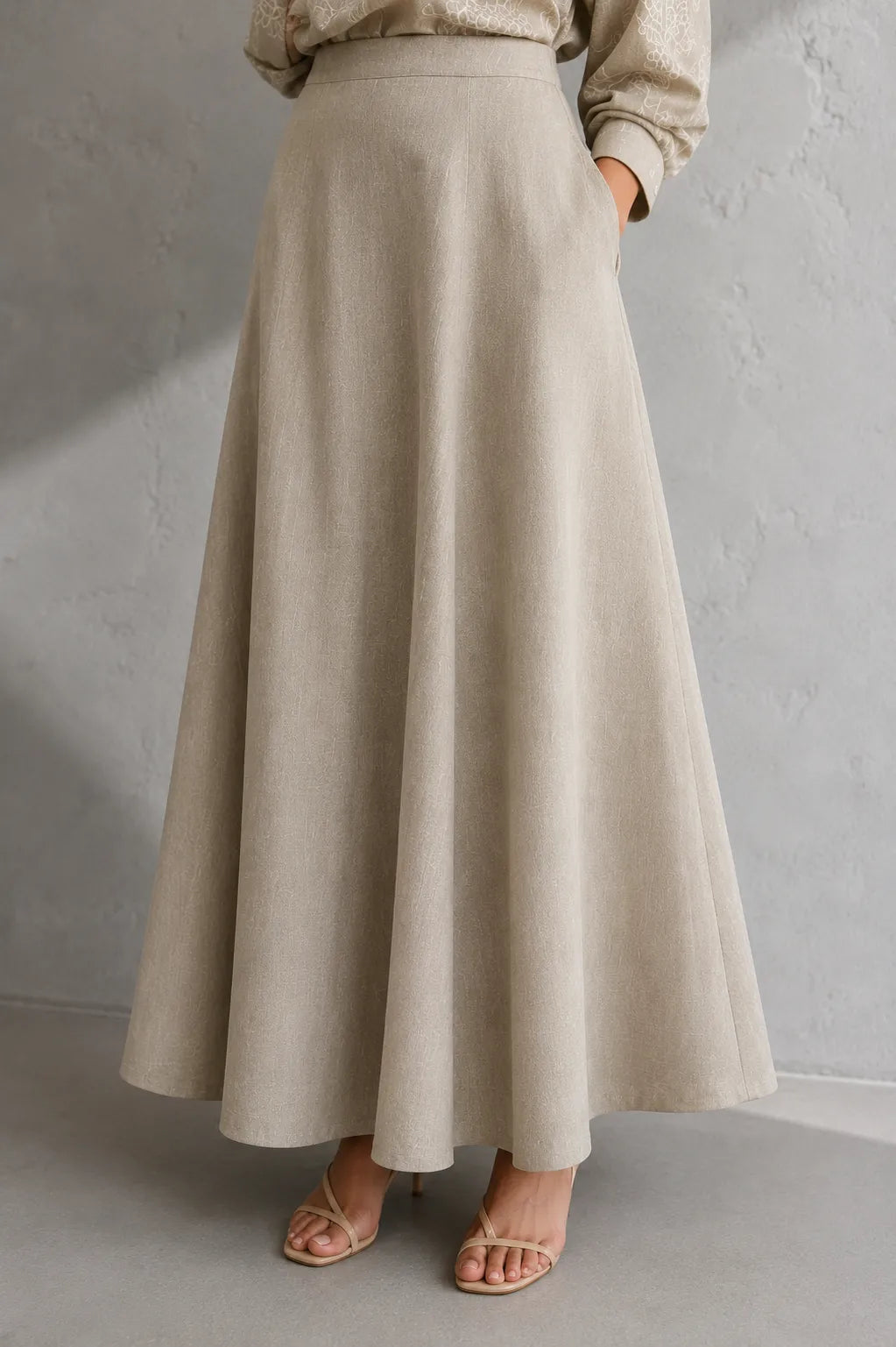 Close Up of Embroidery Detailing on Beige Essence Linen Skord