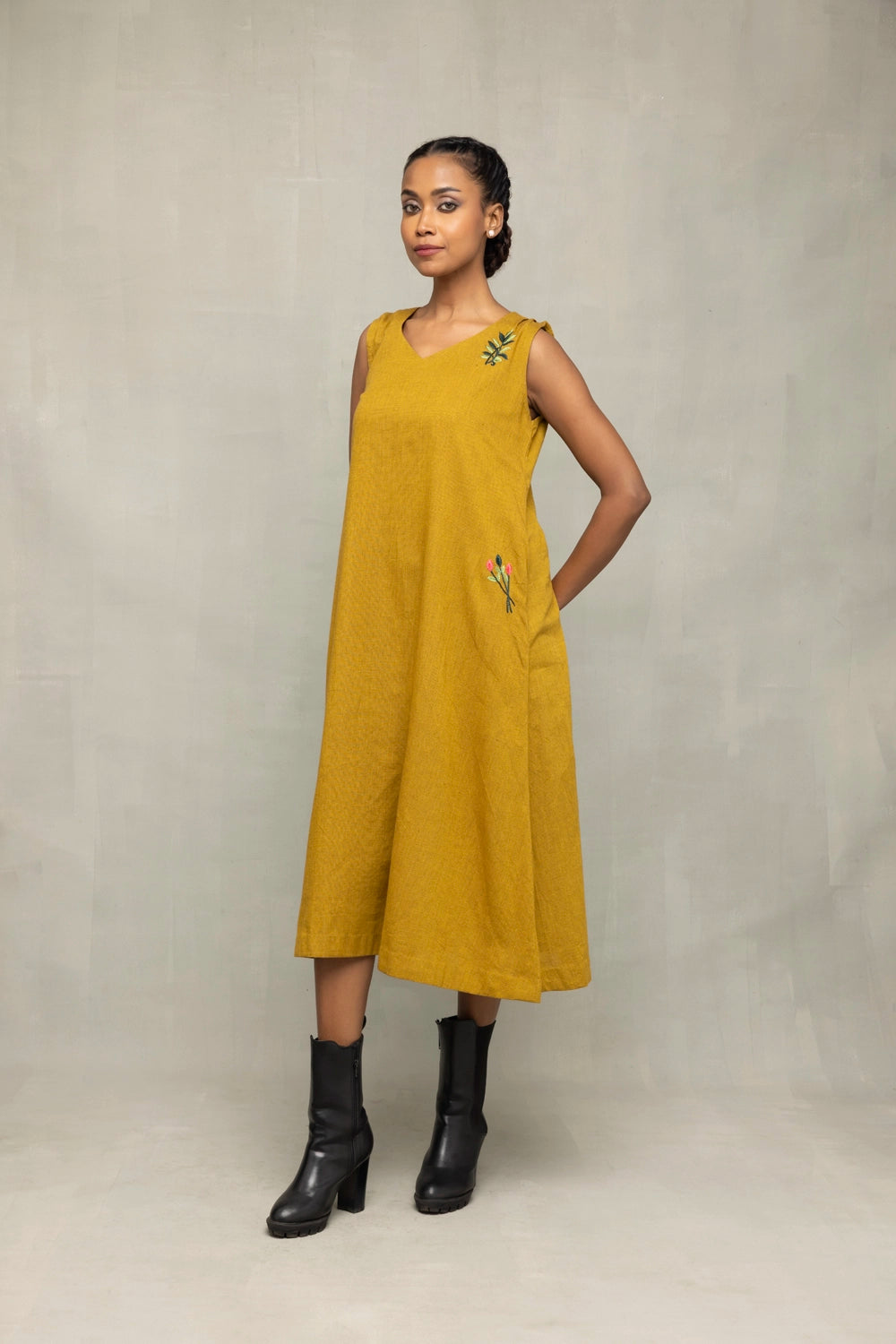 Close Up of Embroidery Detailing on Olive Green Khadi Dress