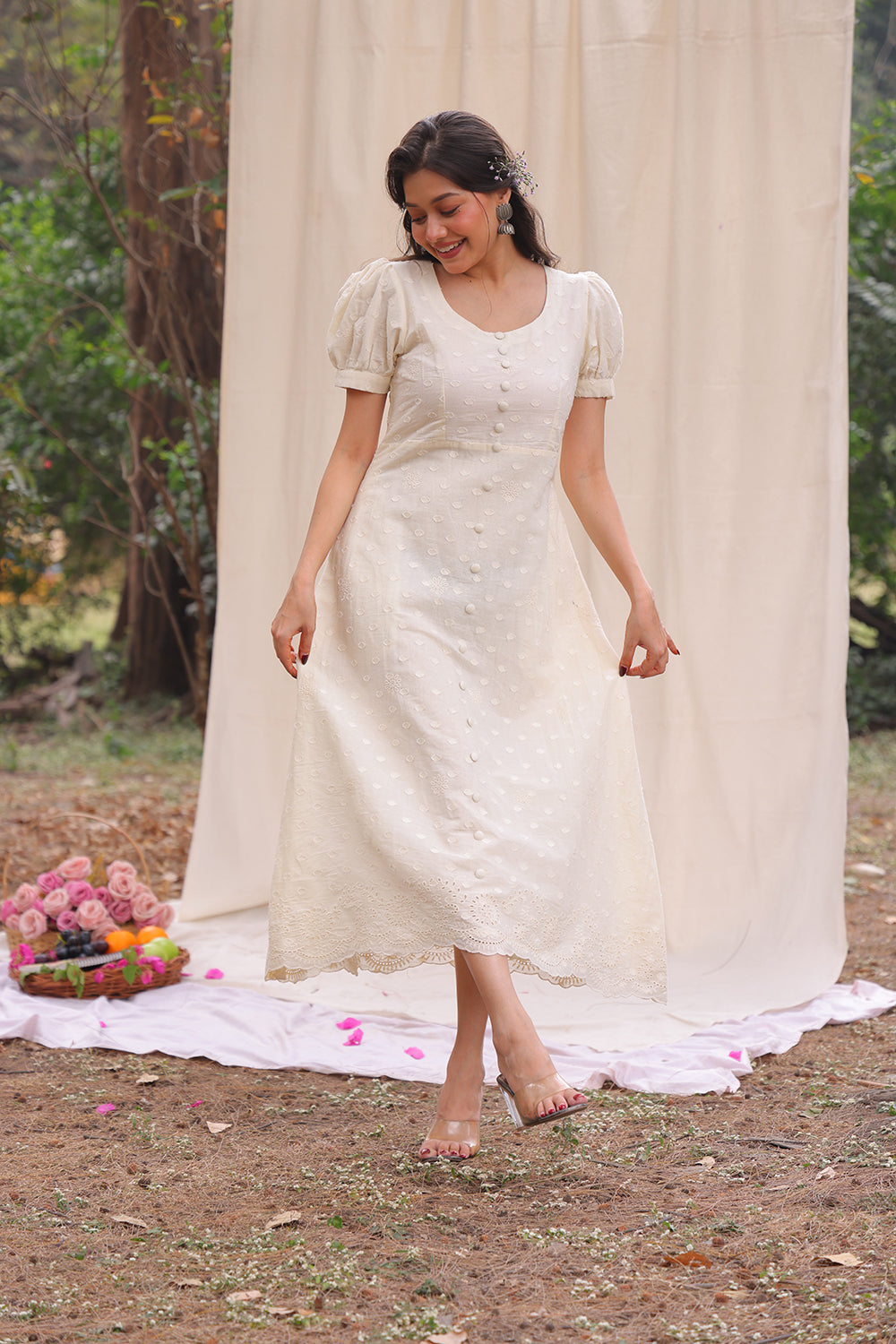 Close Up of Fabric Texture on Luna Off White Cotton Dress