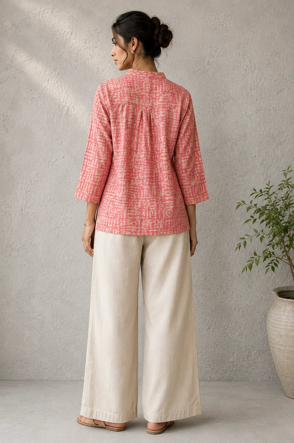 Close Up of Hand Batik Pattern on Pink Khadi Cotton Top