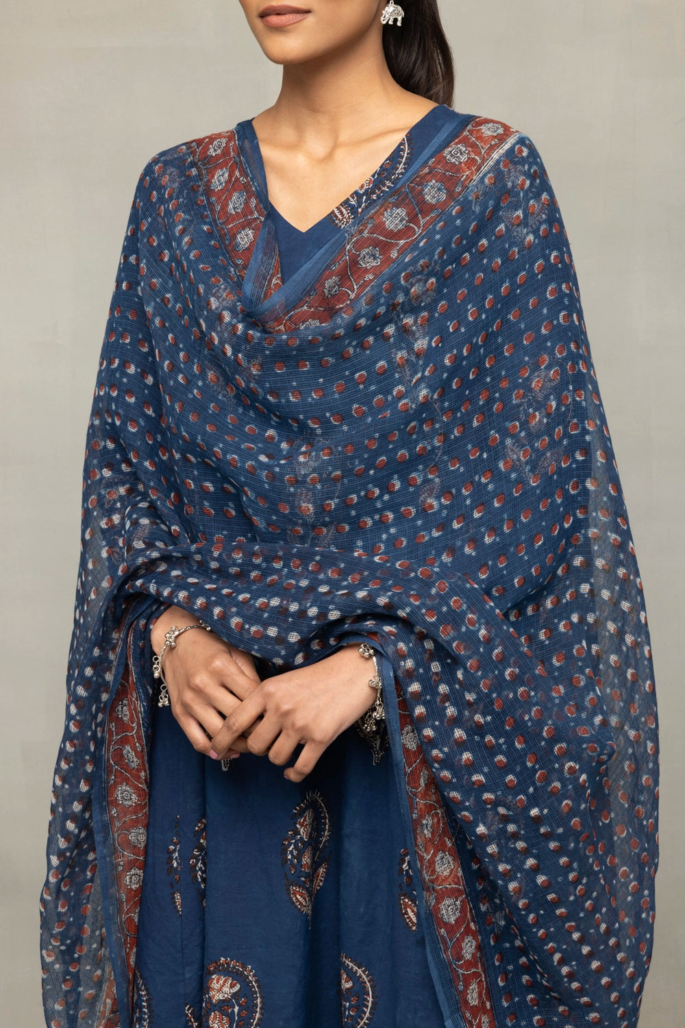 Close Up of Hand Block Print Pattern on Indigo Cotton Kurta Set
