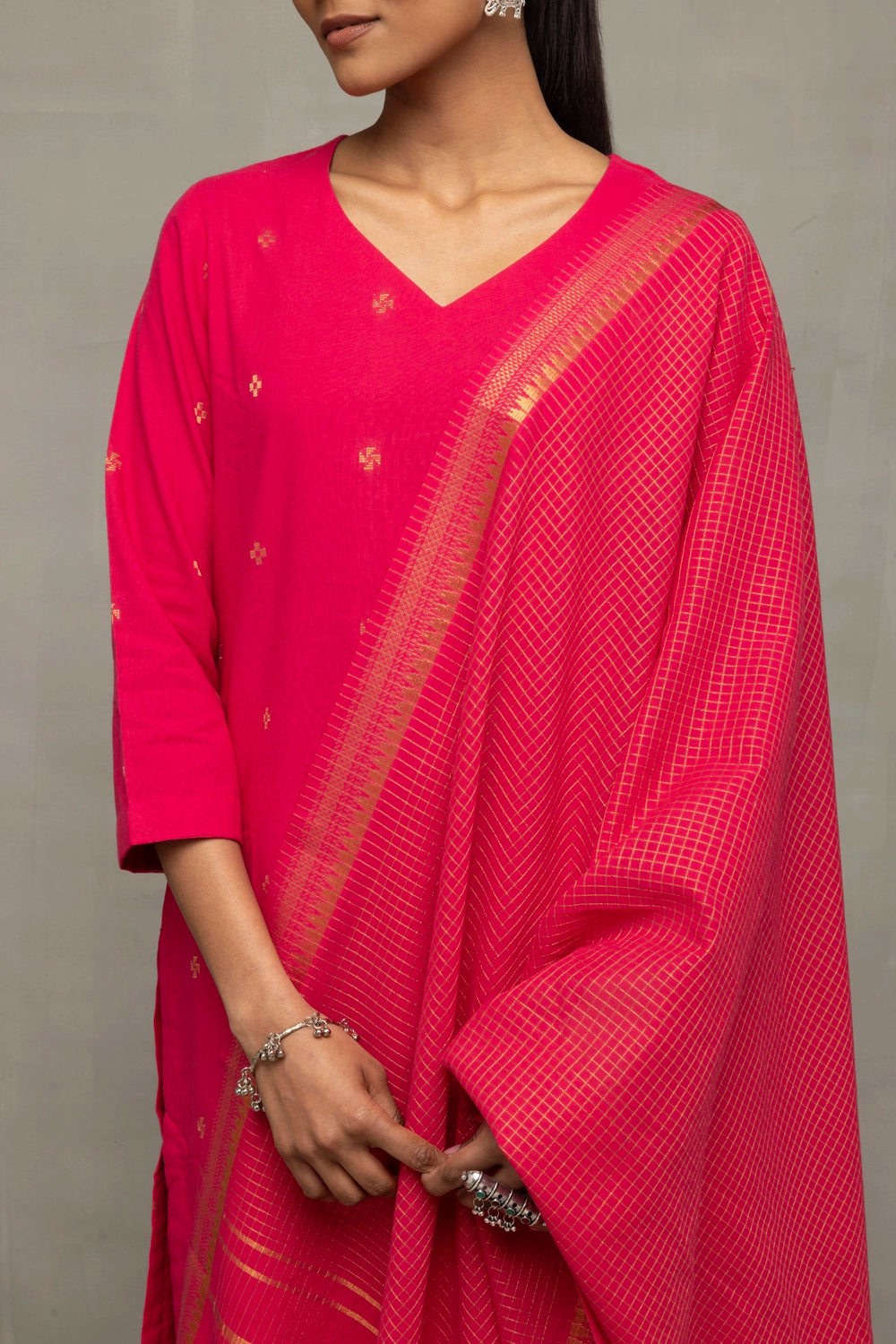 Close Up of Handwoven Weave Texture on Amaranth South Cotton Kurta