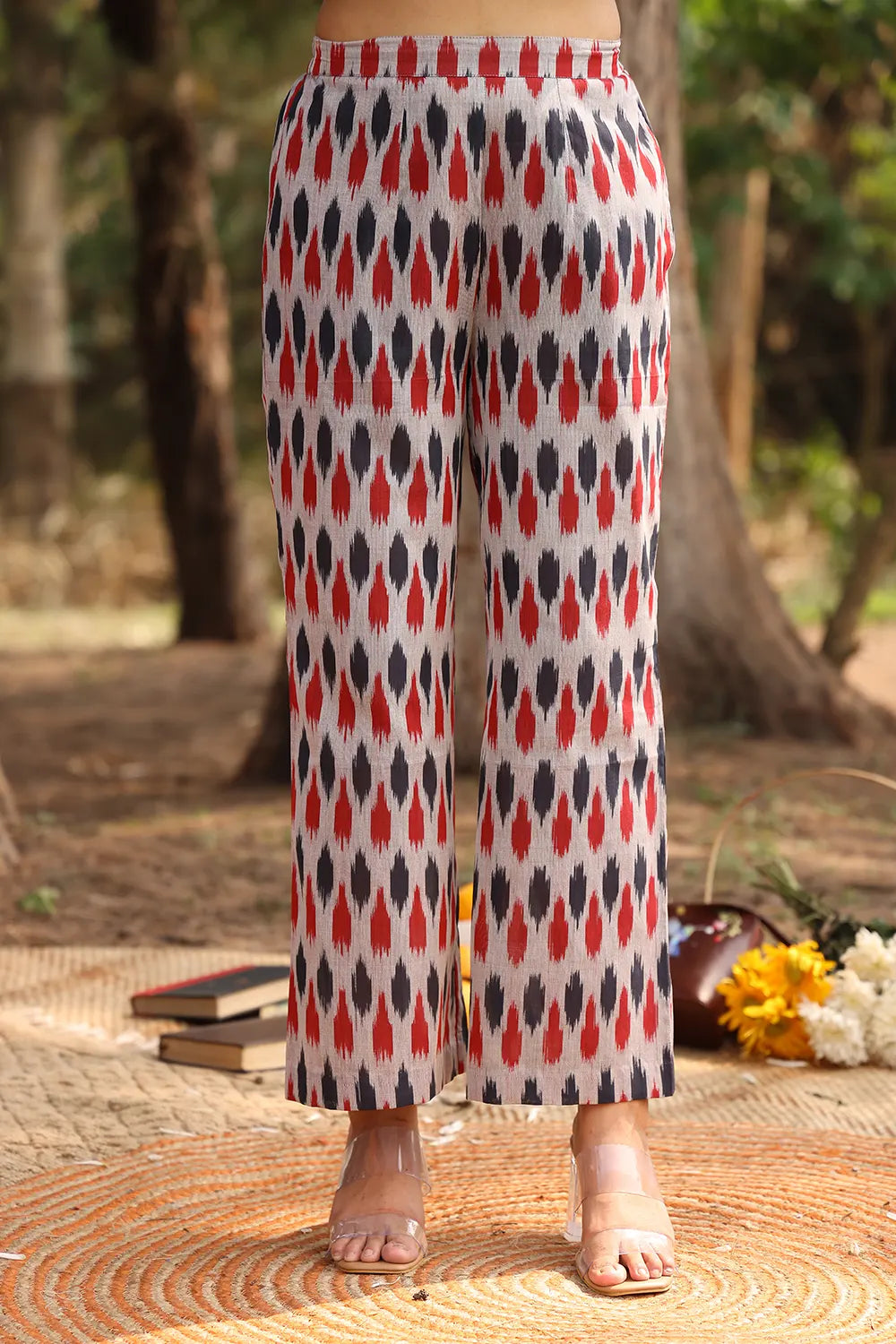 Close Up of Ikat Weave Pattern on Red and Blue Pure Cotton Co-ord Set