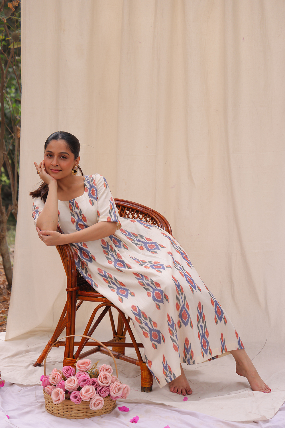close-up-of-ikkat-weave-pattern-on-amber-and-cream-cotton-dress