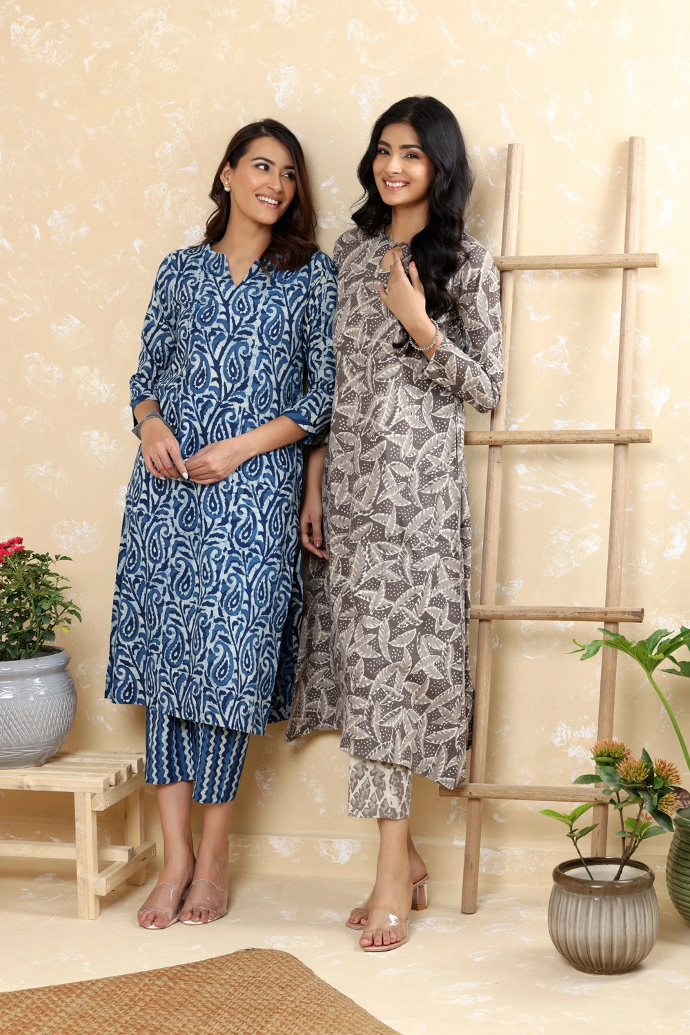 Close Up of Indigo Block Print Pattern on White Pure Cotton Kurta Set